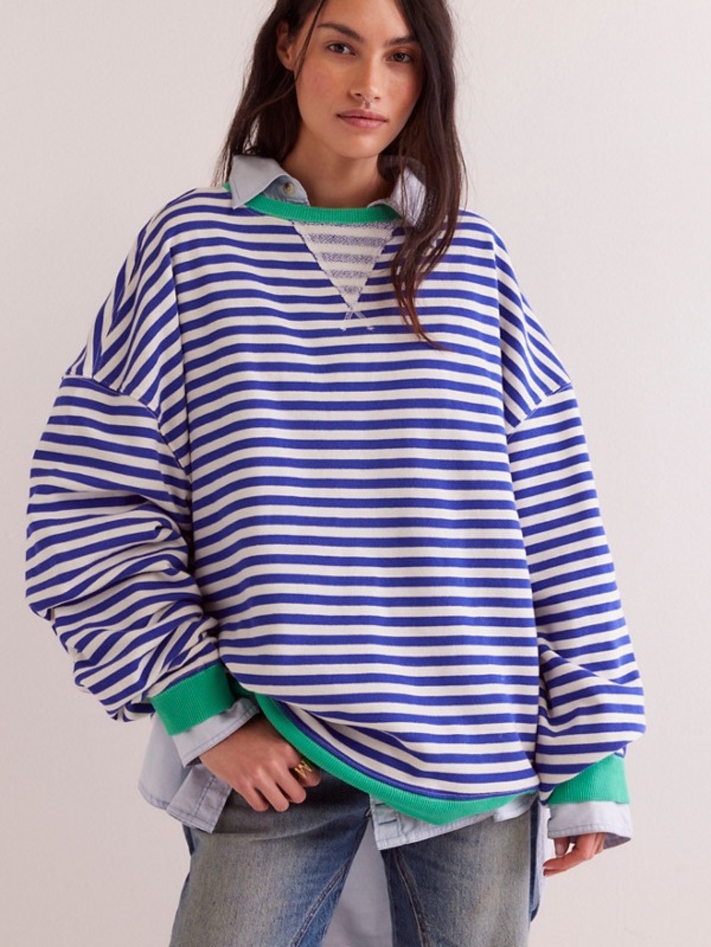 We The Free Blue & White Striped Oversized Pullover with Green Trim